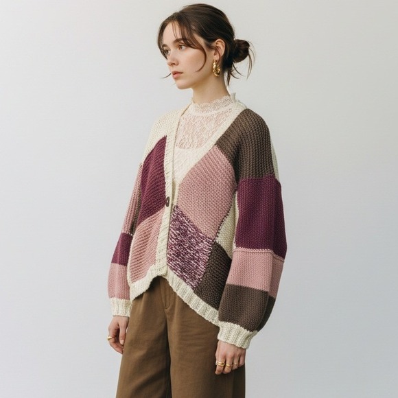 Sweaters - Handmade M/L Oversized Cardigan Pink Knit Cozy Boho Patchwork Artsy‎ Grandma Y2K